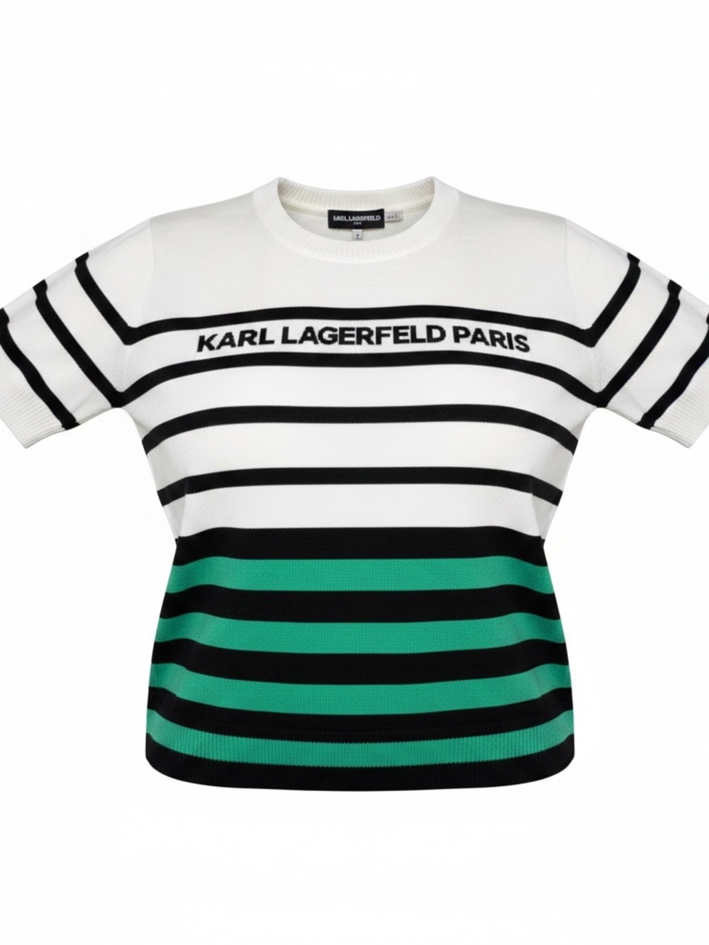 Karl Lagerfeld White Black and Green Striped Short Sleeve Knit Top